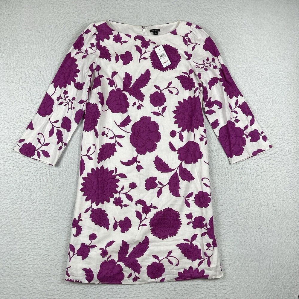 Ann Taylor Dress Womens XS White Purple Floral Linen Shift Coastal Summer Party